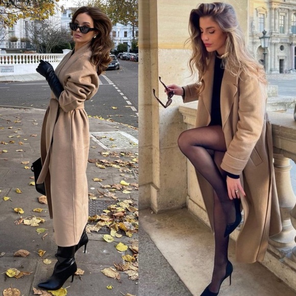 ZARA Double Faced Wool Blend Coat Camel Long Belted Jacket Size Small - Picture 1 of 16